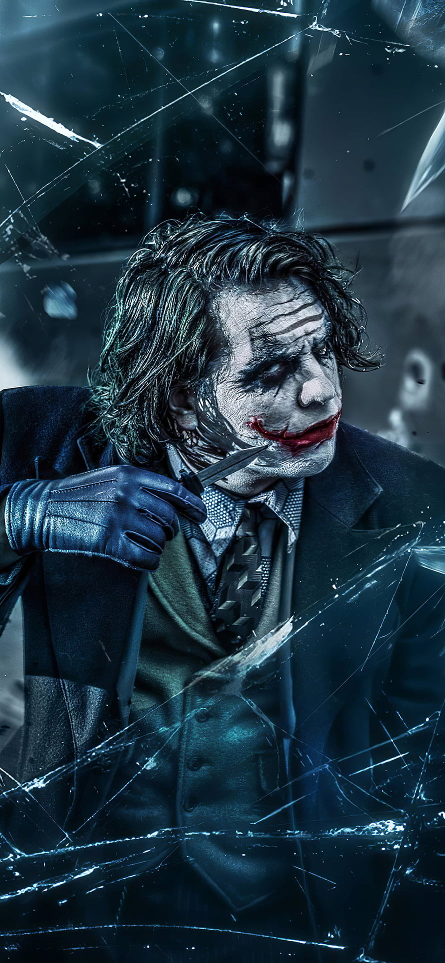 The Joker with Knife Behind Shattered Glass Dark Cinematic Wallpaper HD phone wallpaper