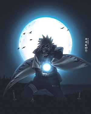 Kakashi Hatake performing the Kamui jutsu under a glowing full moon with birds flying in the night sky HD phone wallpaper