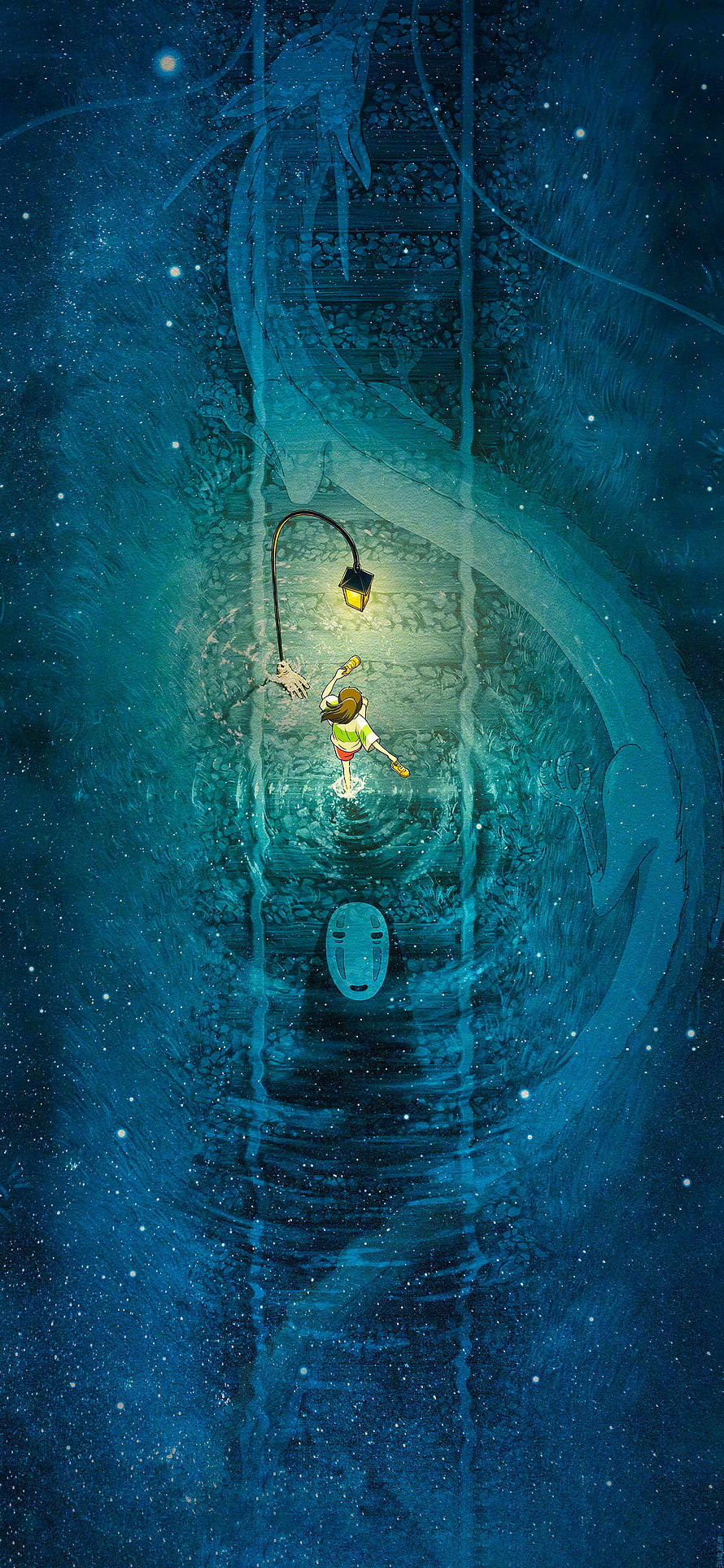 Spirited Away Chihiro and No-Face Underwater Train Station Art HD phone wallpaper