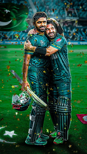 Babar Azam and Mohammad Rizwan Celebrating Victory in Pakistan Cricket Team Uniforms HD phone wallpaper