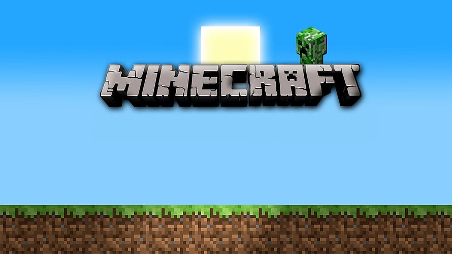 Minecraft Logo with Creeper and Sun Over Pixelated Grass and Dirt Terrain HD wallpaper