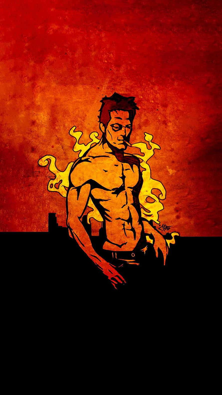 Hellboy Comic Art Illustration with Fiery Aura and Red Background HD phone wallpaper