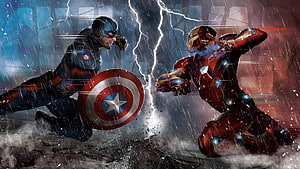 Captain America and Iron Man Epic Battle in Rainy Storm, Dual Monitor Dc Vs Marvel, Iron Man Dual Monitor HD wallpaper