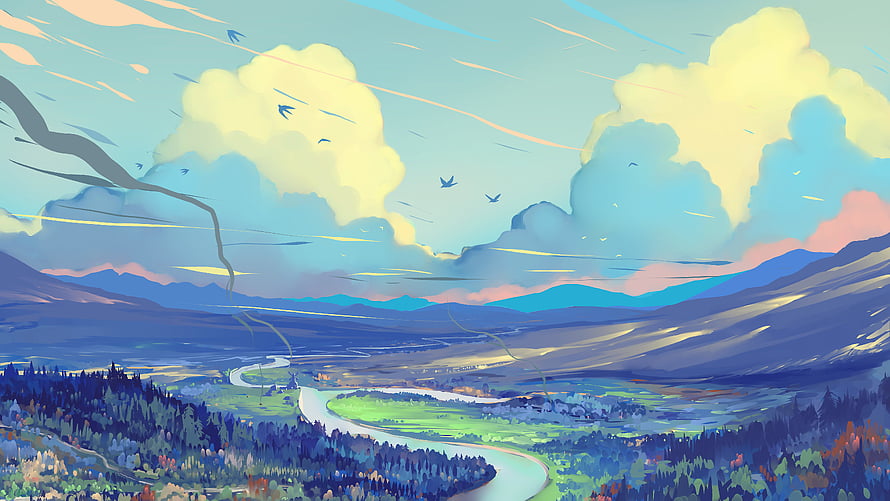 Serene Anime Landscape With Winding River, Rolling Hills, and Fluffy Clouds HD wallpaper