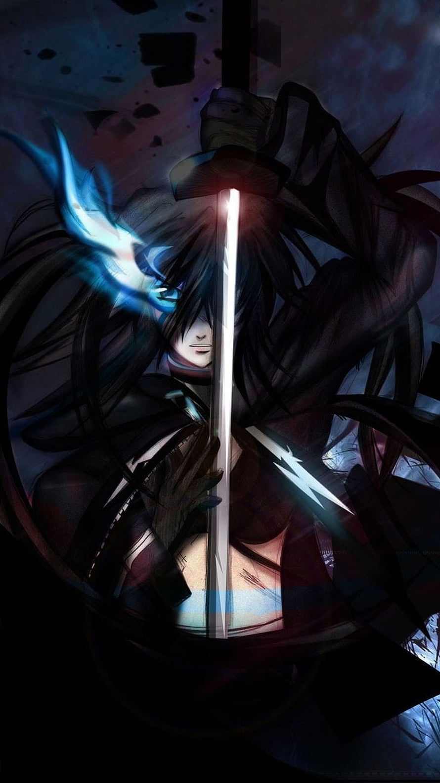 Dark Anime Swordsman With Glowing Blue Eye And Katana, Anime 3D Android HD phone wallpaper