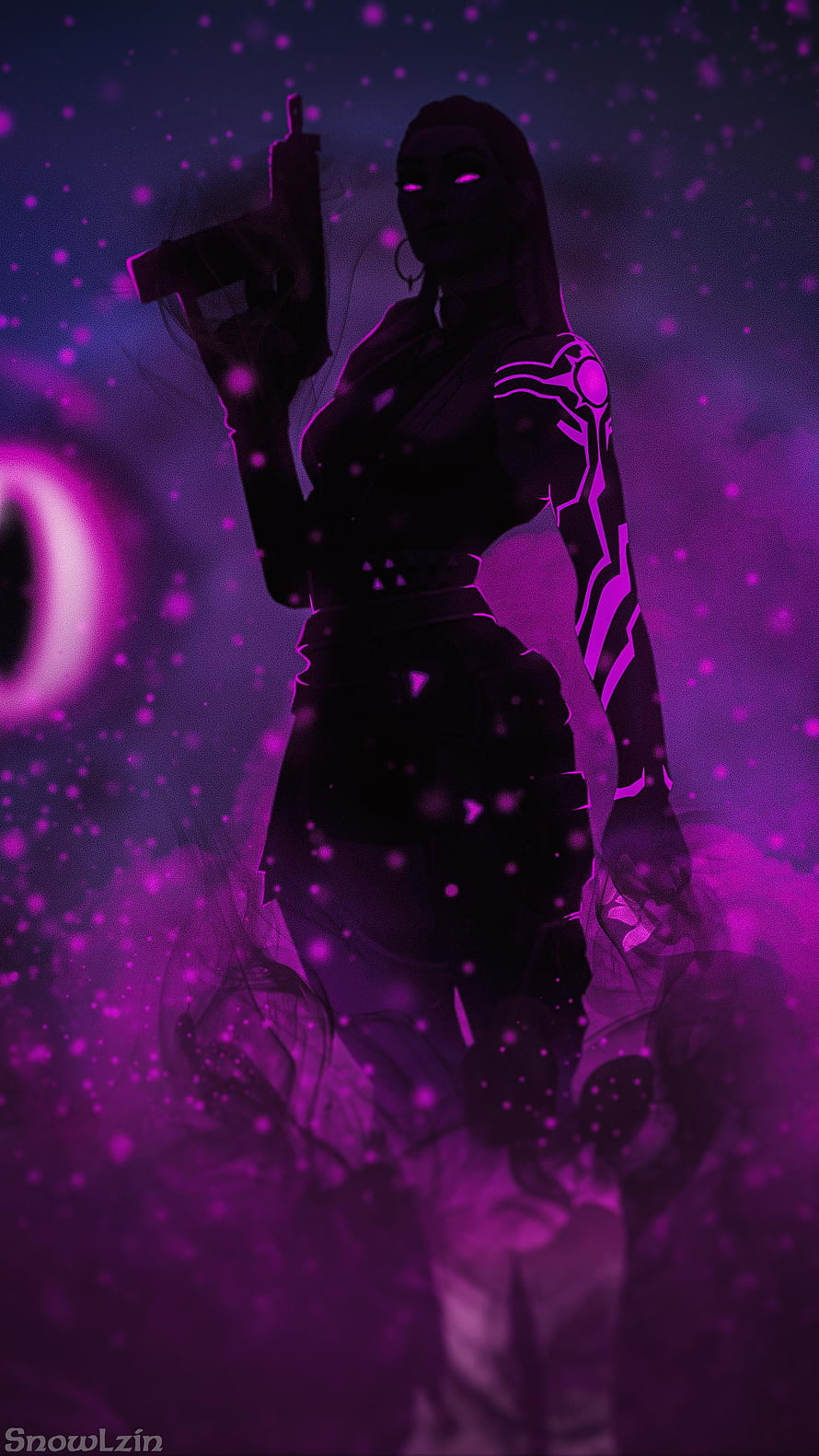 Reyna Valorant Silhouette with Glowing Purple Eyes and Tactical Gear HD phone wallpaper