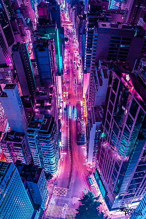 Aerial View of Hong Kong Cityscape at Night with Vibrant Neon Lights and Cyberpunk Aesthetic HD phone wallpaper