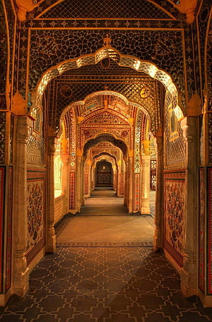 Ornate Arched Corridor in Amber Fort with Intricate Mirror Work and Floral Paintings HD phone wallpaper