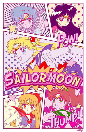 Sailor Moon Retro Comic Panel Art with Sailor Venus, Mars, Mercury, and Jupiter in Pastel Pink Style HD phone wallpaper