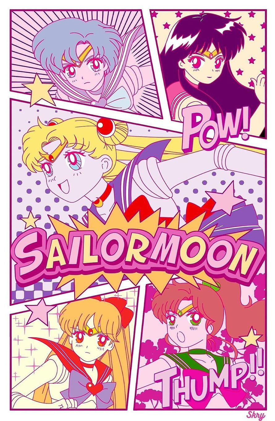 Sailor Moon Retro Comic Panel Art with Sailor Venus, Mars, Mercury, and Jupiter in Pastel Pink Style HD phone wallpaper