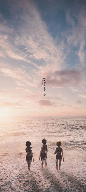 Attack on Titan Eren Mikasa and Armin Walking Along the Shore at Sunset HD phone wallpaper