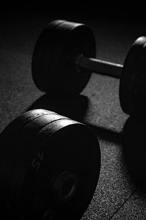 Dramatic Black and White Barbell Close-Up on Gym Floor HD phone wallpaper