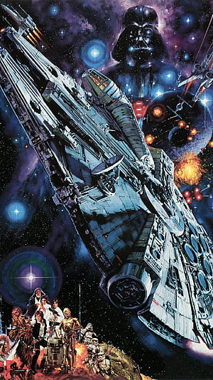Star Wars Original Trilogy Artwork Featuring Millennium Falcon, Darth Vader, and Rebel Heroes in Space Battle HD phone wallpaper