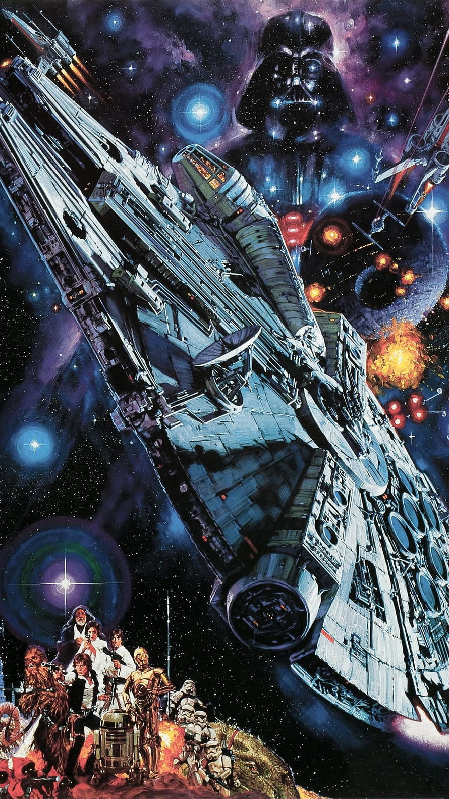 Star Wars Original Trilogy Artwork Featuring Millennium Falcon, Darth Vader, and Rebel Heroes in Space Battle HD phone wallpaper