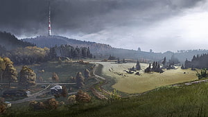 DayZ Post-Apocalyptic Rural Landscape with Radio Tower and Overcast Sky HD wallpaper