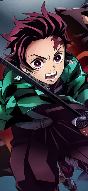 Tanjiro Kamado in Demon Slayer Combat Pose with Katana and Green Checkered Haori HD phone wallpaper