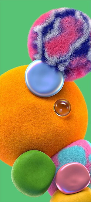 Abstract 3D Render of Colorful Fuzzy Spheres and Glossy Orbs on Green Background HD phone wallpaper
