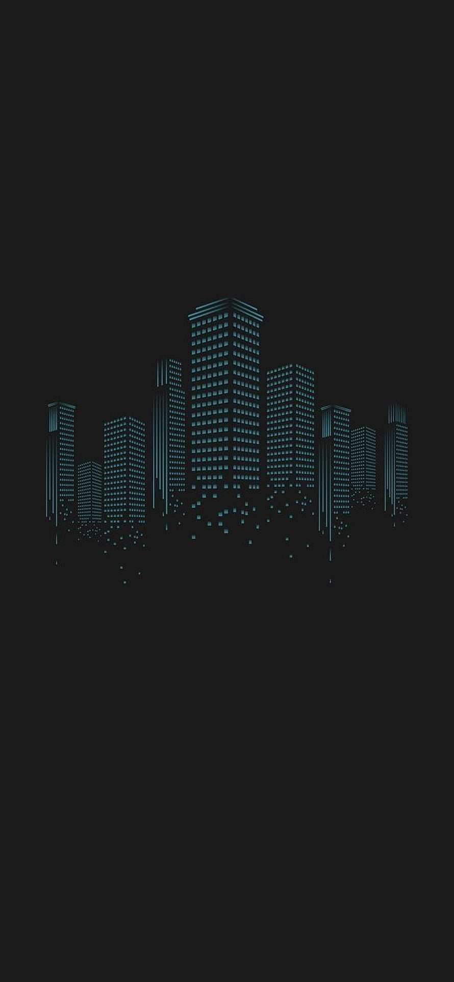 Minimalist Dark City Skyline with Glowing Blue Windows HD phone wallpaper