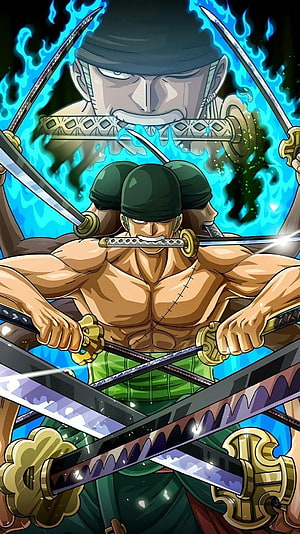 Roronoa Zoro wielding three swords with blue flames in One Piece anime style HD phone wallpaper