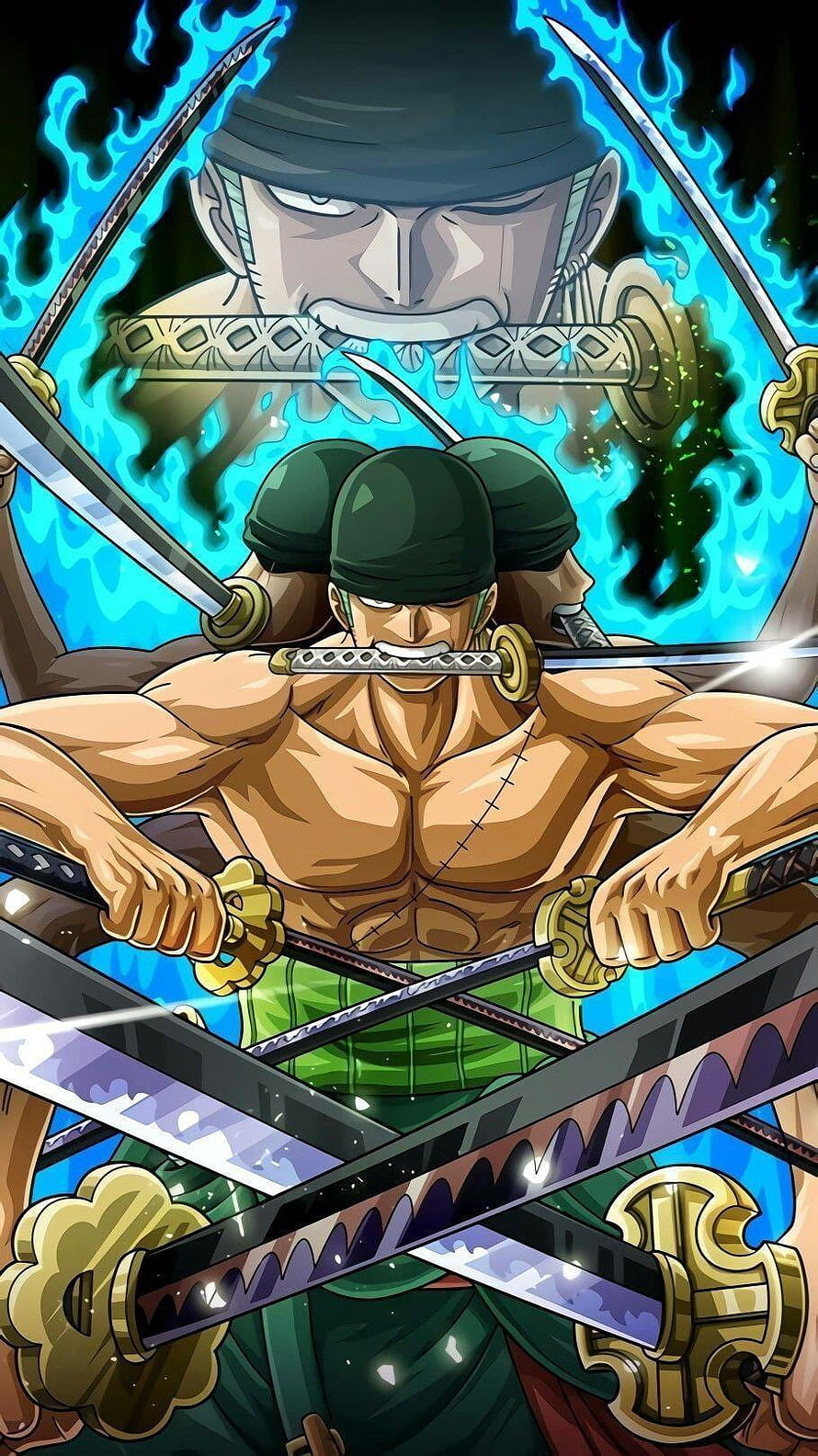 Roronoa Zoro wielding three swords with blue flames in One Piece anime style HD phone wallpaper