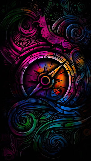 Neon Compass Stained Glass Art with Swirling Ornamental Patterns HD phone wallpaper