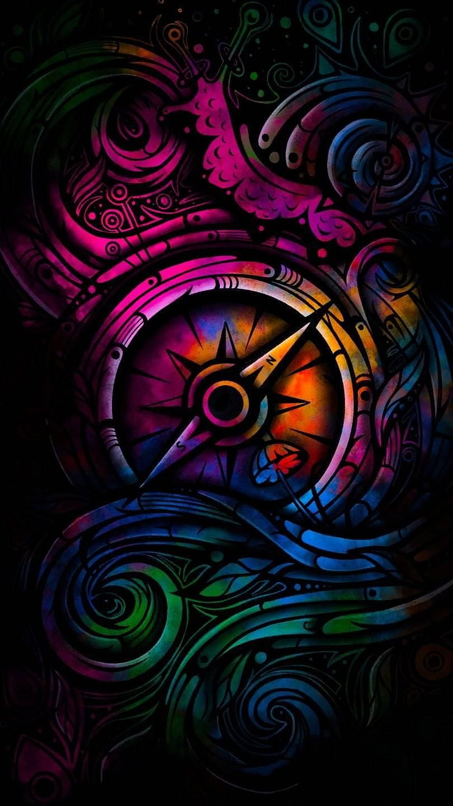 Neon Compass Stained Glass Art with Swirling Ornamental Patterns HD phone wallpaper