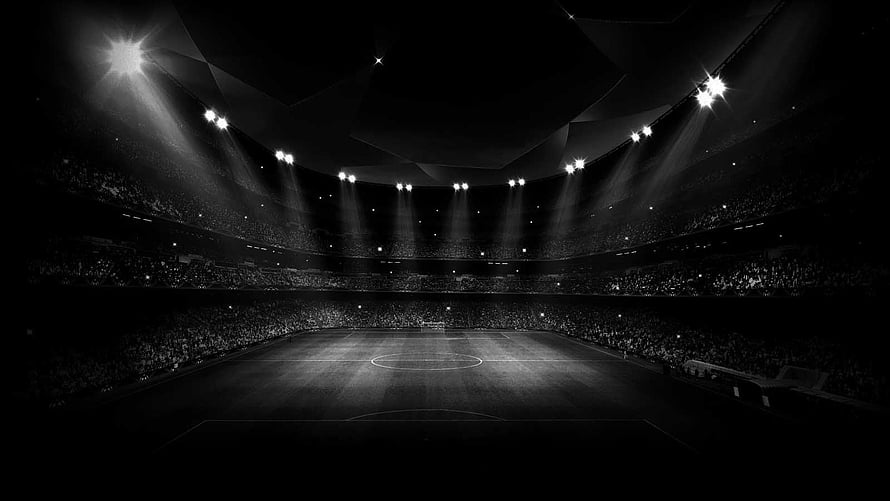 Dramatic Black and White Soccer Stadium with Bright Floodlights and Full Crowd HD wallpaper
