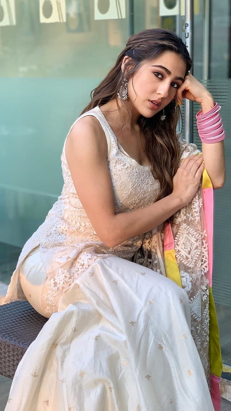 Sara Ali Khan in Elegant Ivory Embroidered Lehenga with Colorful Dupatta HD phone wallpaper