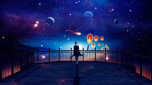 Anime Girl Silhouette on Balcony Gazing at Fantasy Space with Planets and Floating Lanterns HD wallpaper
