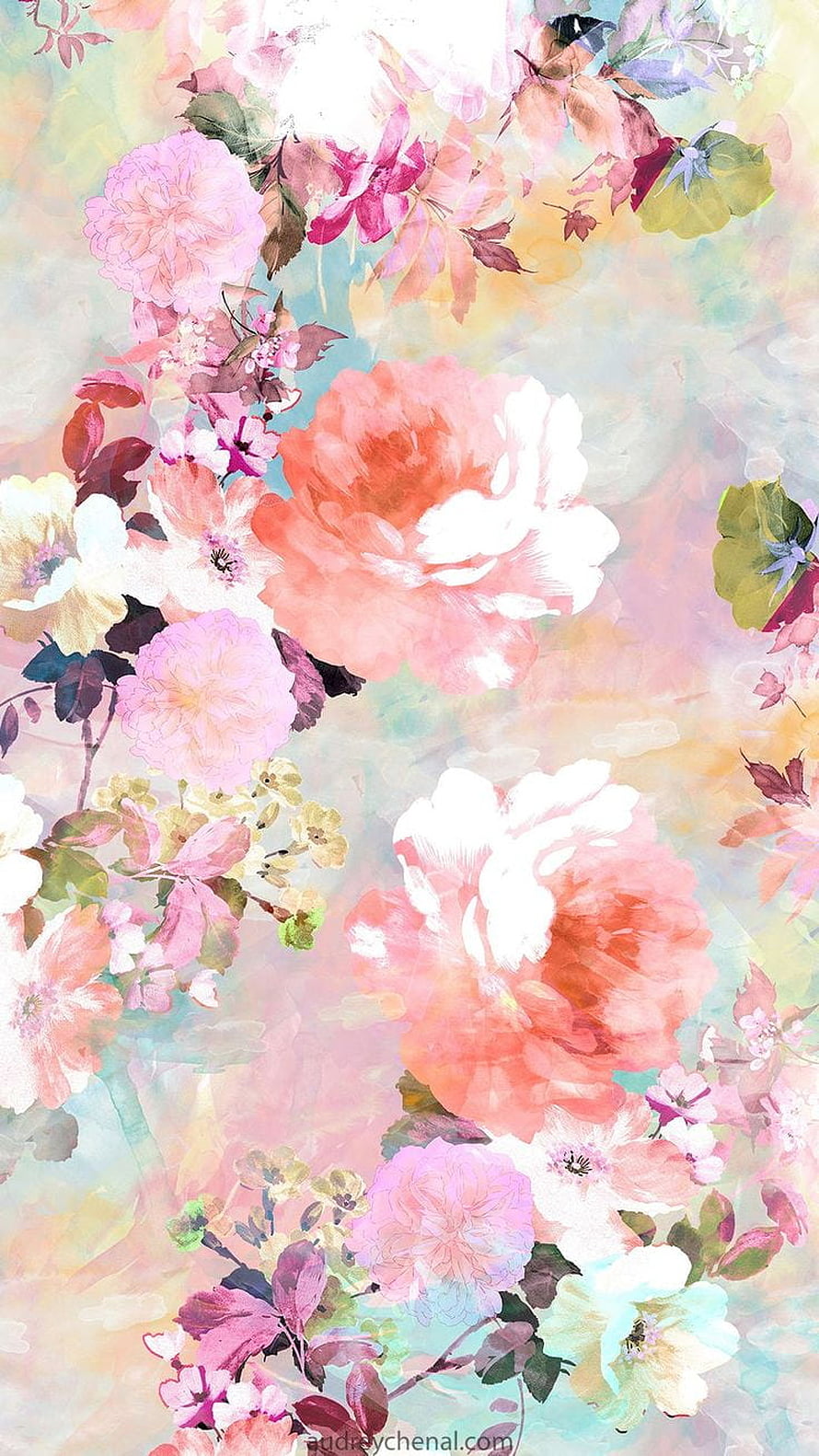 Audrey Chenal Pastel Watercolor Floral Pattern with Soft Pink and Peach Blooms HD phone wallpaper