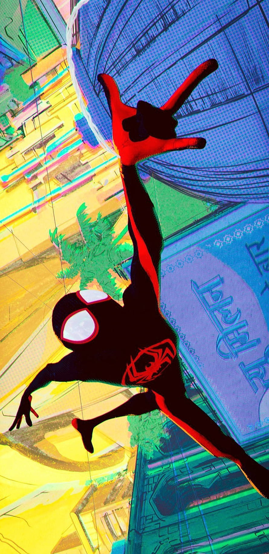 Miles Morales Spider-Man Swinging Through Vibrant Cityscape, Thwip!, Spider-Man, Into the Spider-Verse, Spider-Verse, Across the Spider-Verse, Miles Morales HD phone wallpaper