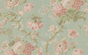 Vintage Floral Wallpaper Pattern With Pink Roses And Green Leaves On Pastel Blue Background HD wallpaper