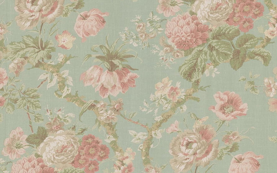 Vintage Floral Wallpaper Pattern With Pink Roses And Green Leaves On Pastel Blue Background HD wallpaper