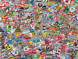 Colorful Sticker Bomb Collage with Streetwear and Skate Culture Logos HD wallpaper