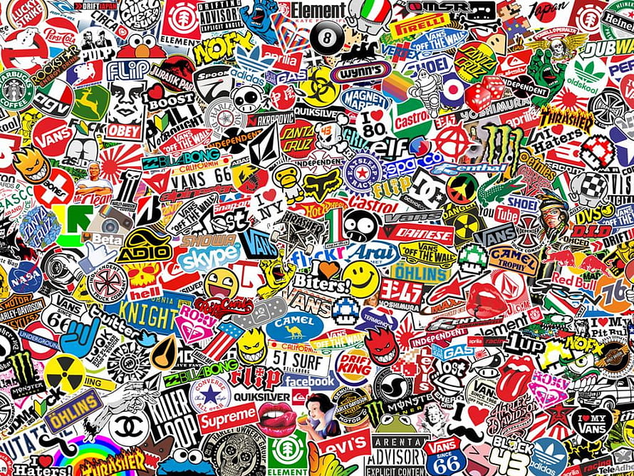 Colorful Sticker Bomb Collage with Streetwear and Skate Culture Logos HD wallpaper