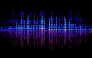 Neon Audio Waveform Visualizer with Blue and Purple LED Dots on Black Background HD wallpaper