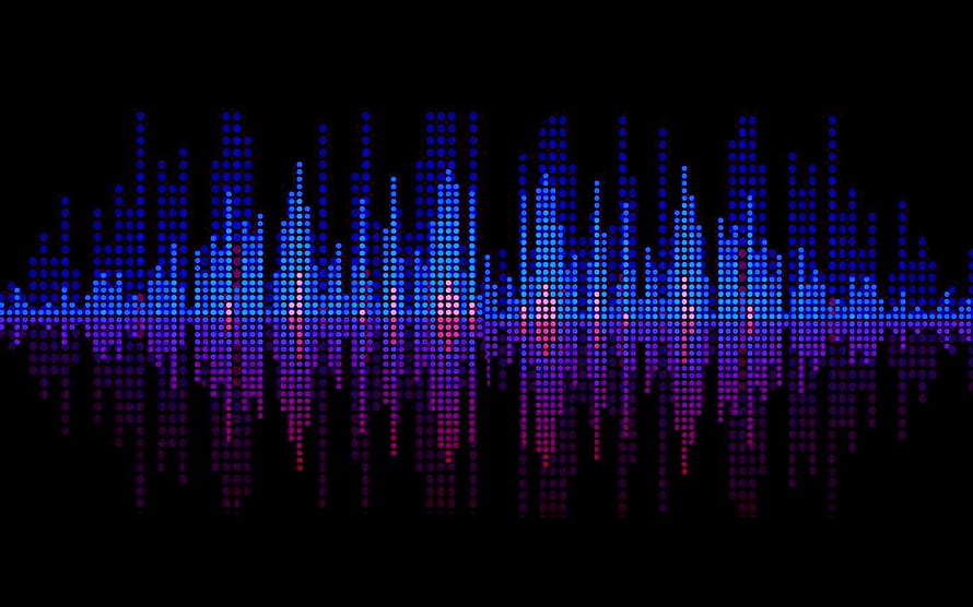Neon Audio Waveform Visualizer with Blue and Purple LED Dots on Black Background HD wallpaper
