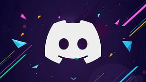 Discord Logo on Dark Purple Background with Neon Geometric Shapes and Starfield HD wallpaper