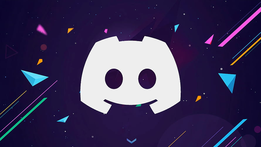Discord Logo on Dark Purple Background with Neon Geometric Shapes and Starfield HD wallpaper