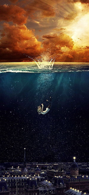 Surreal digital art of a girl diving into a cosmic ocean above a Parisian cityscape at sunset HD phone wallpaper