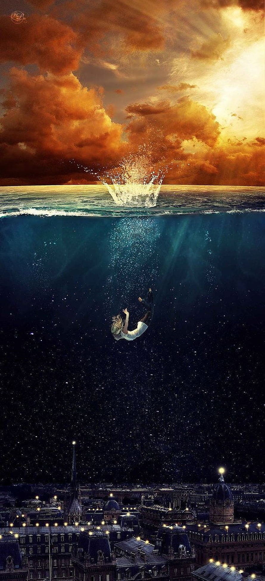 Surreal digital art of a girl diving into a cosmic ocean above a Parisian cityscape at sunset HD phone wallpaper