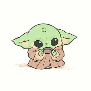 Cute Chibi Baby Yoda Drinking From A Cup In A Soft Kawaii Illustration Style HD phone wallpaper