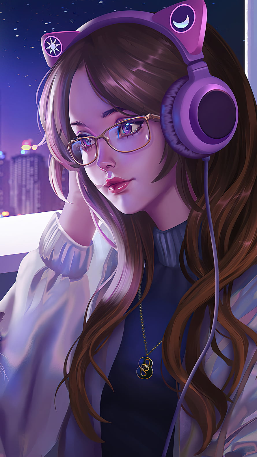 Anime Girl With Glasses And Cat Ear Headphones Listening To Music At Night HD phone wallpaper