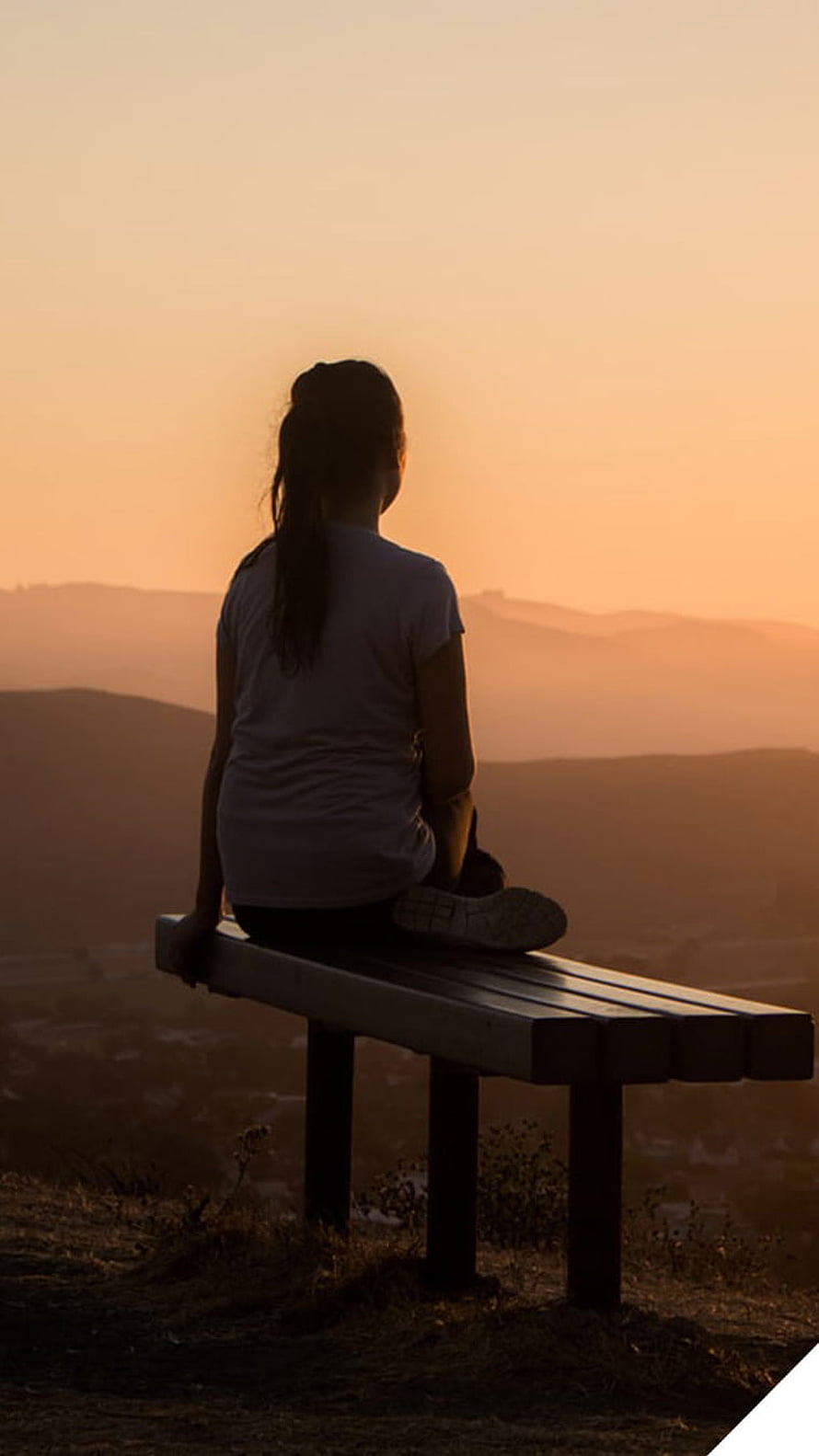Silhouette of a woman sitting on a bench overlooking a hazy valley at sunset, Sad Girl, Alone Girl, alone, girl HD phone wallpaper