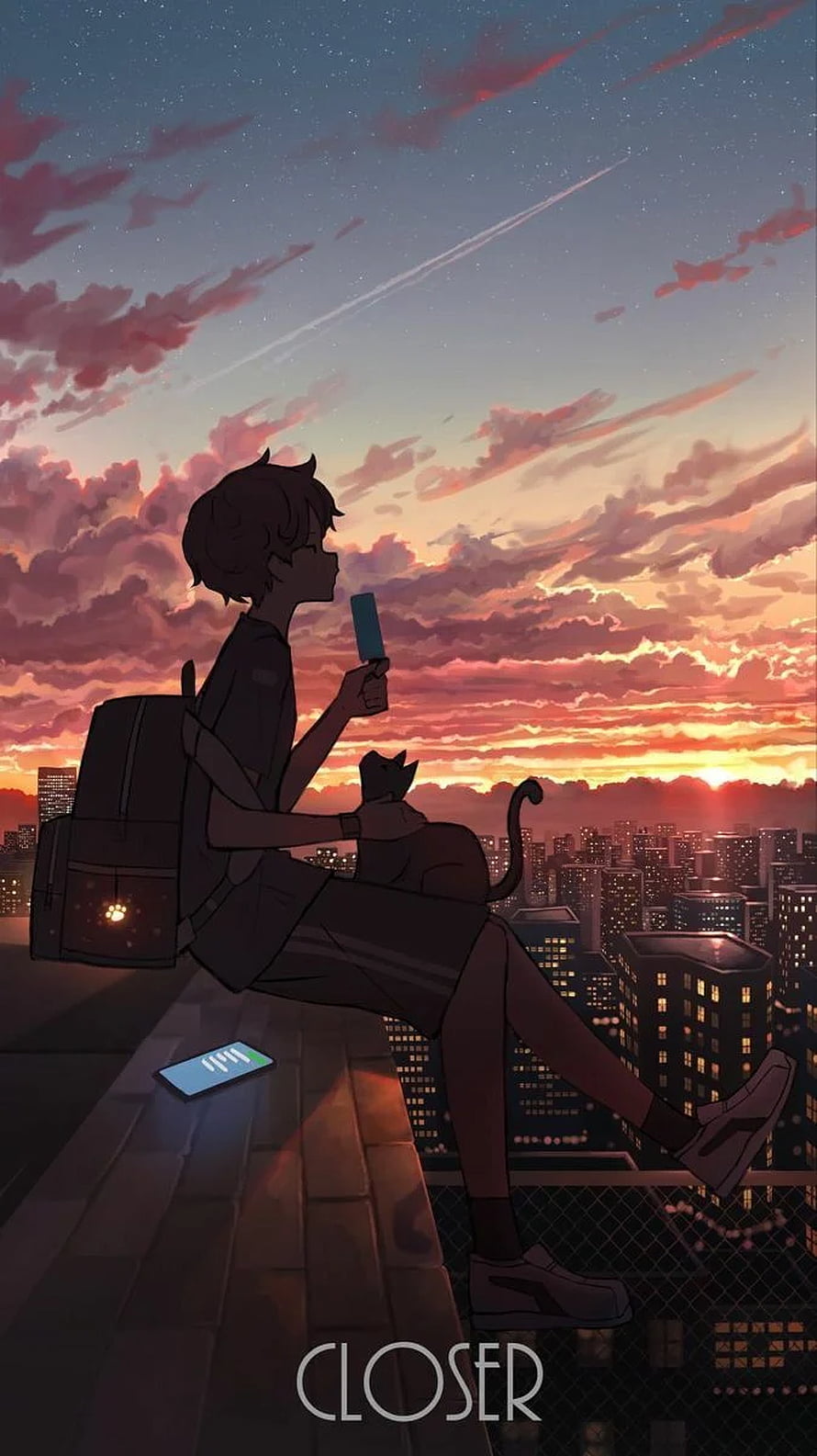 Anime Boy Eating Ice Cream on Rooftop with Cat at Sunset HD phone wallpaper