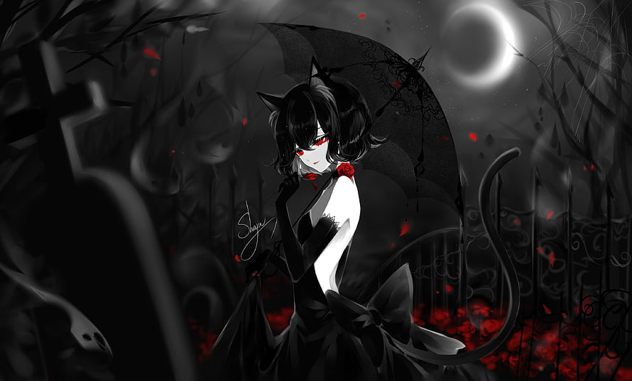 Gothic Anime Girl with Cat Ears and Black Umbrella in Dark Forest HD wallpaper