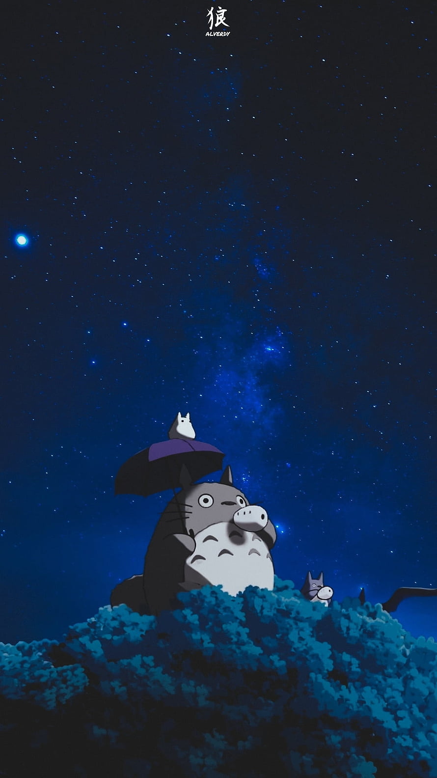 Totoro and Chibi Totoro Under Starry Night Sky With Umbrella HD phone wallpaper