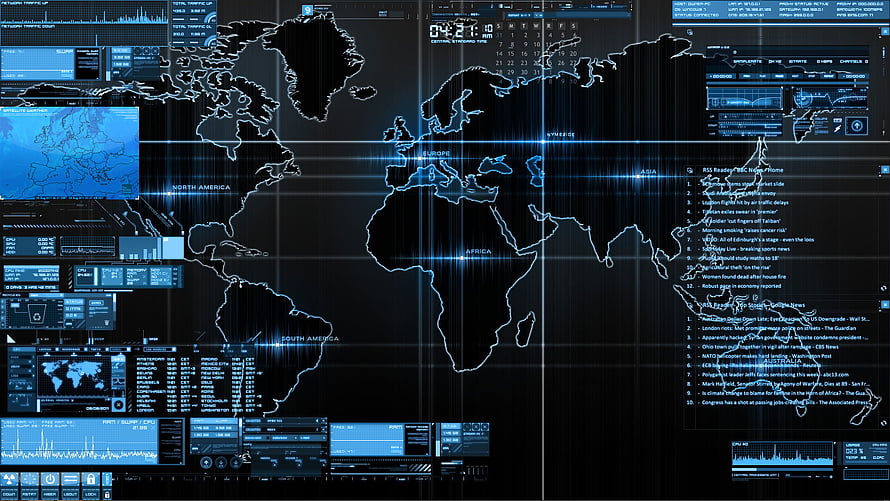 Futuristic Blue World Map Digital Interface With Data Analytics Dashboard HD wallpaper