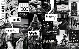 Black and White Paris Fashion Aesthetic Collage with Luxury Brand Logos and Street Photography HD wallpaper