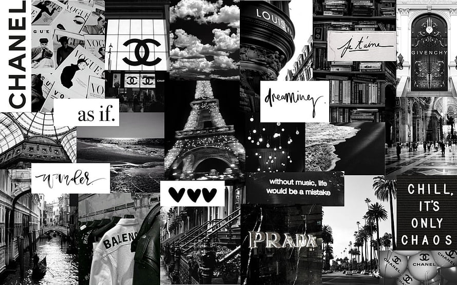 Black and White Paris Fashion Aesthetic Collage with Luxury Brand Logos and Street Photography HD wallpaper
